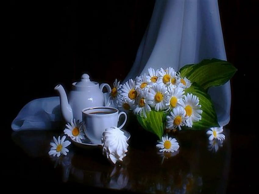 daisy, tea, curtain, cake, flower HD wallpaper