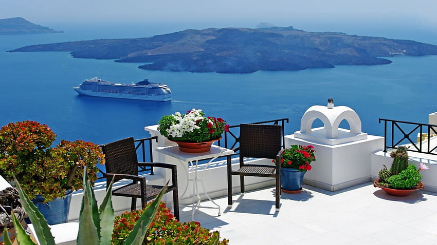 산토리니 그리스, 섬, 바다, 산토리니, 그리스에서 보기 HD 월페이퍼
