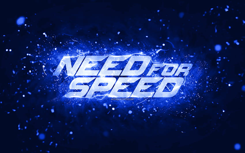 Need for Speed ​​짙은 파란색 로고, , NFS, 짙은 파란색 네온 불빛, 크리에이티브, 진한 파란색 추상적 배경, Need for Speed ​​로고, NFS 로고, Need for Speed HD 월페이퍼
