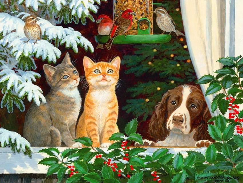 Family and friends, winter, covered, birds, kitties, dogs, cats, cute, puppies, snowflakes, holiday, painting, snow, happy, new year, friends, cardinals, sweet, mood, window, art, house, fall, tree, decoration, leaves, merry, family, christmas HD wallpaper