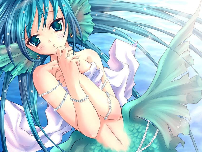 Mermaid, blue, anime, ears, sky, fins, long hair HD wallpaper