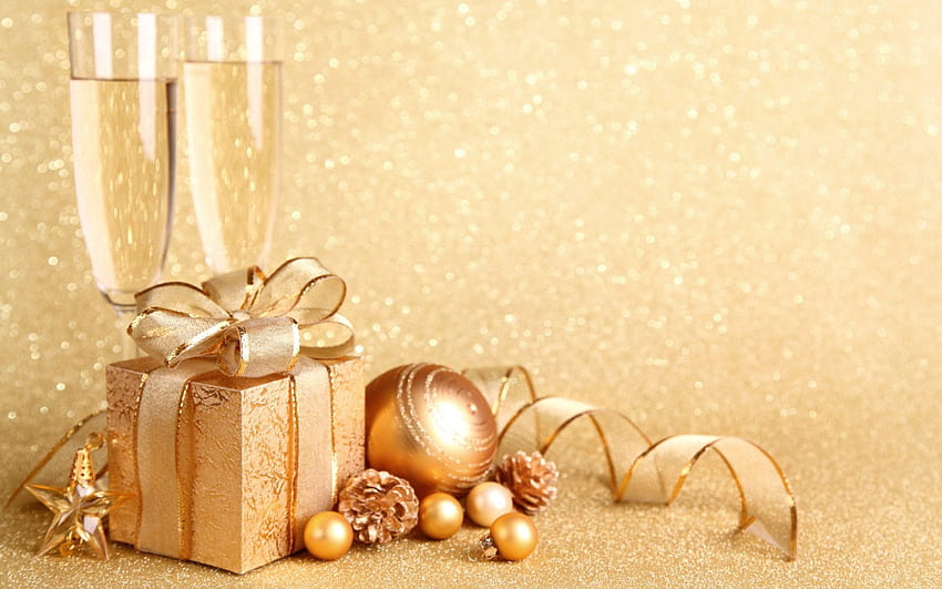ゴールデン クリスマス、クリスマス、カード、プレゼント、グラス、シャンパン 高画質の壁紙