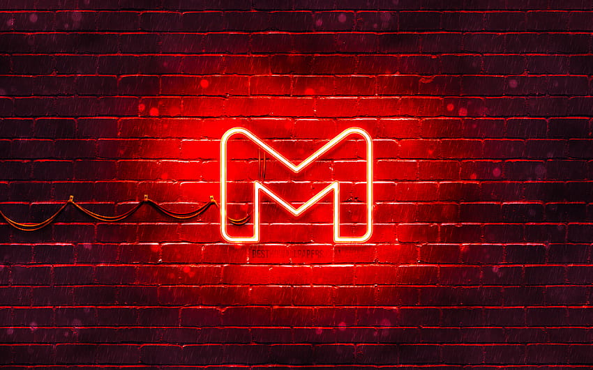 Червено лого на Gmail, , червена тухлена стена, лого на Gmail, пощенски услуги, неоново лого на Gmail, Gmail HD тапет