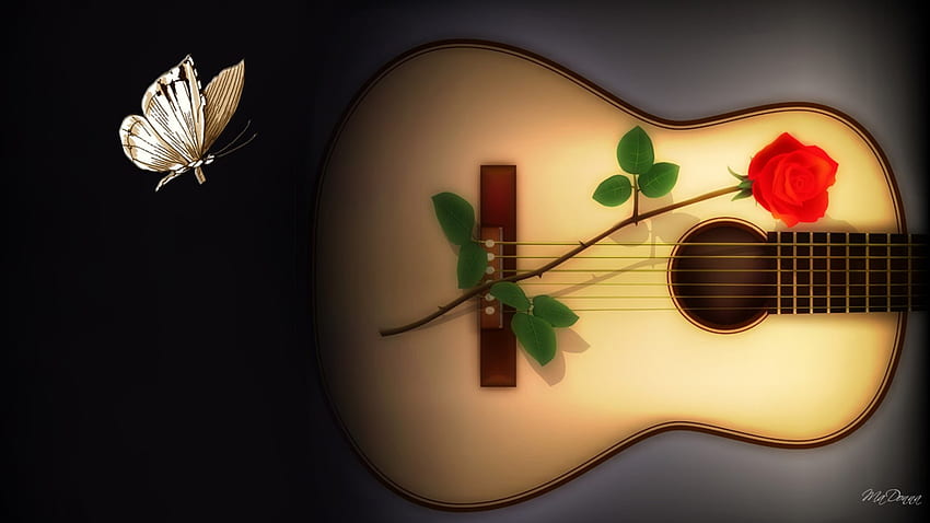 Gitara Muzyka, róża, martwa natura, muzyka, motyl, gitara, kwiaty Tapeta HD