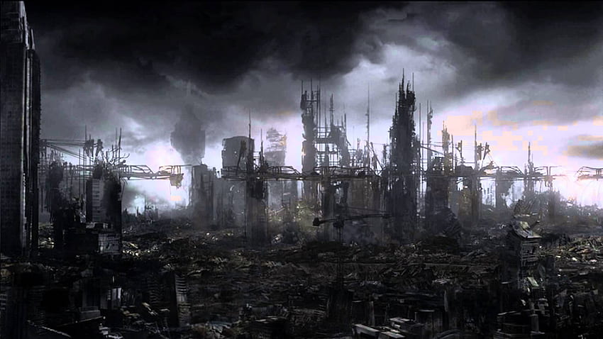 Trostloser Stadthintergrund. Steampunk City, New York City und Anime City, Techno City HD-Hintergrundbild