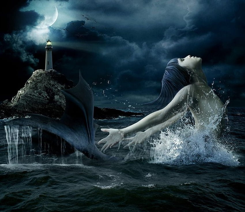 月明かりの下の人魚、灯台、水しぶき、尾、女性、波、月明かり、月、人魚、雲、丘 高画質の壁紙