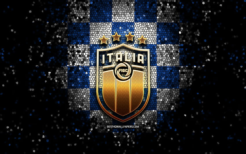 Italian football team, glitter logo, UEFA, Europe, blue white checkered background, mosaic art, soccer, Italy National Football Team, FIGC logo, football, Italy for with resolution . High Quality HD wallpaper