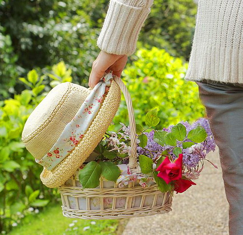 Spring shopping, basket, rose, straw hat, lilacs, woman HD wallpaper