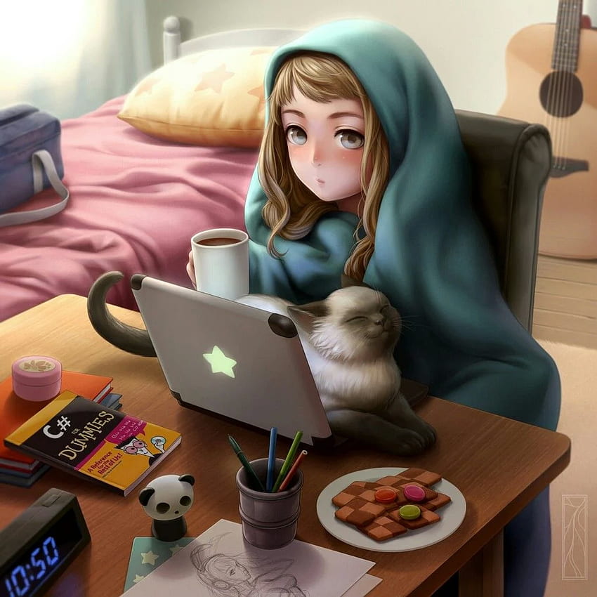 Lindo gato, Kawaii, Chica Programadora fondo de pantalla del teléfono