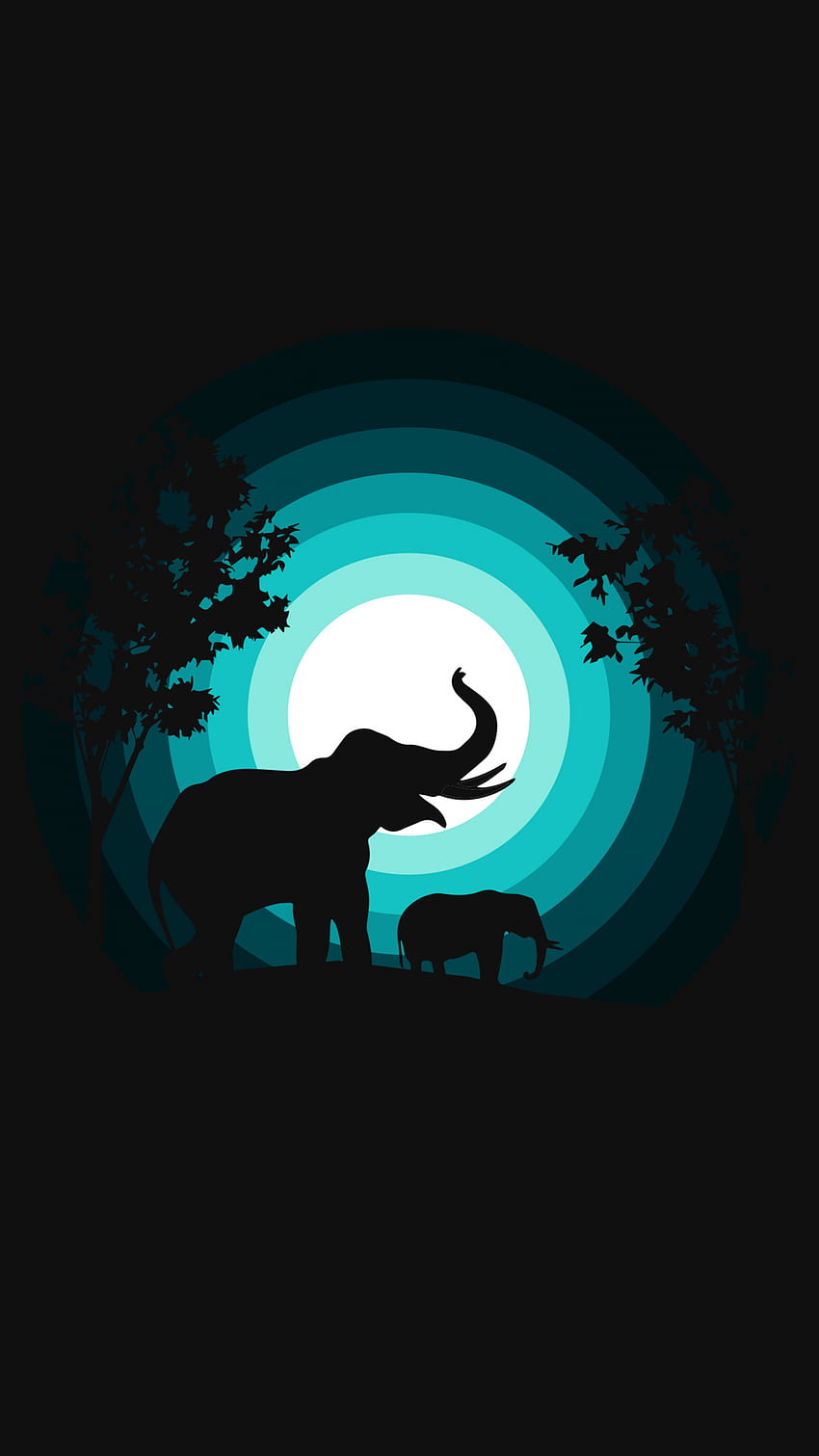 Elefant, Jungtier, Silhouette, Nacht, Blaugrün, Schwarzer Hintergrund, Schwarz dunkel, Elefant iPad HD-Handy-Hintergrundbild