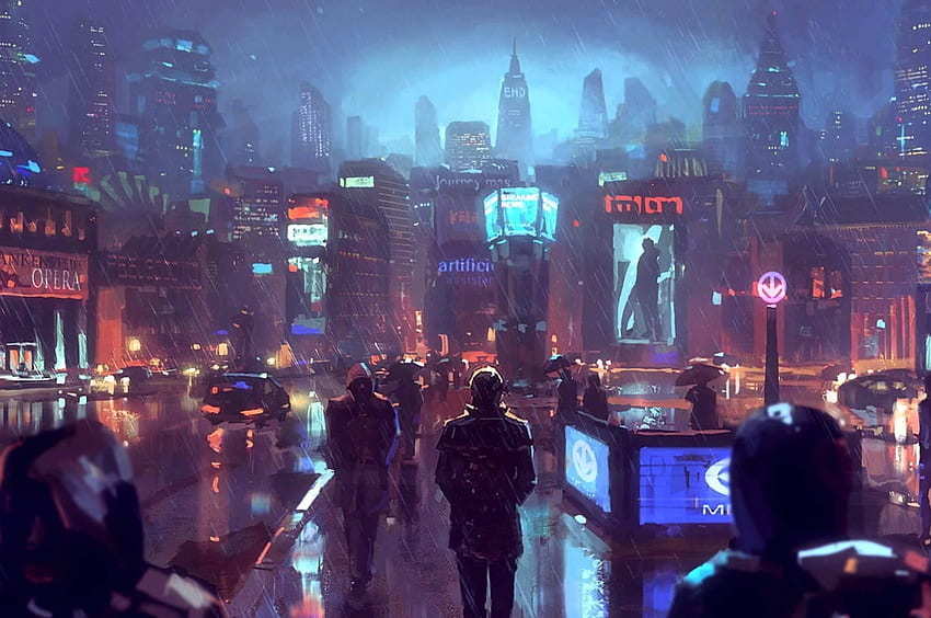Cyberpunk City, Sci Fi, Il pleut, Gens, Gratte-ciel pour Chromebook Pixel Maiden Fond d'écran HD
