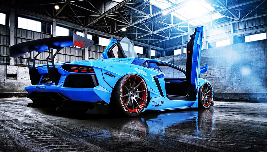 Aventador Beam Blue Cars Doors Lamborghini Liberty LP720 4 Motors, Neon Supercars HD wallpaper