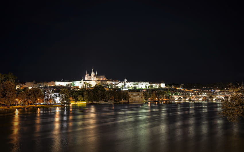 czech, Republic, River, Prague, Night, City, Buildings, Cities, Cathedral, Rivers, Bridges / and Mobile Background, Prague Night HD wallpaper