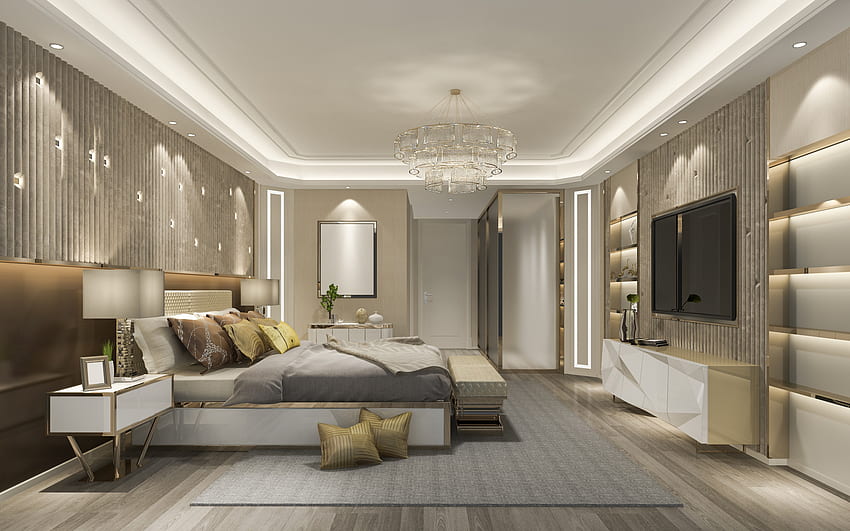 desain interior kamar hotel, apartemen hotel mewah, desain interior modern, gaya klasik, lampu gantung mewah dengan resolusi . Kualitas tinggi Wallpaper HD