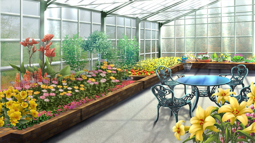บ้านสีเขียว เก้าอี้ ดอกไม้ ความงาม ดี ทิวทัศน์ กลีบดอกไม้ สวยงาม ดอกไม้ โต๊ะ หวาน ฉาก สวน สวย อะนิเมะ สวย น่ารัก วอลล์เปเปอร์ HD
