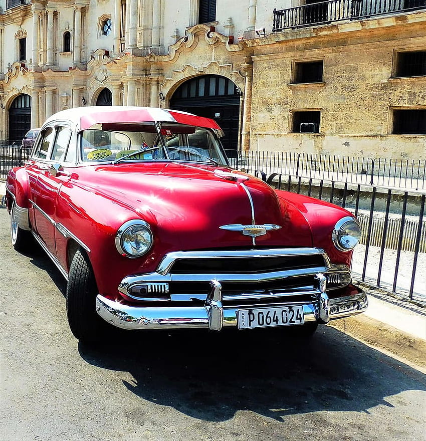: classic red sedan parked on roadside near black fence, Havana, Cuba, Little Havana HD phone wallpaper
