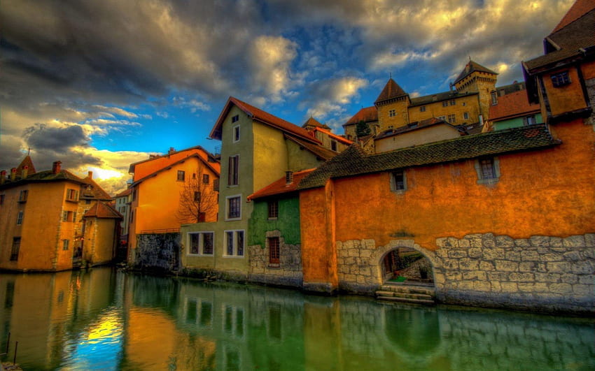 houses on the canal r, canal, city, clouds, r, houses, orange HD wallpaper
