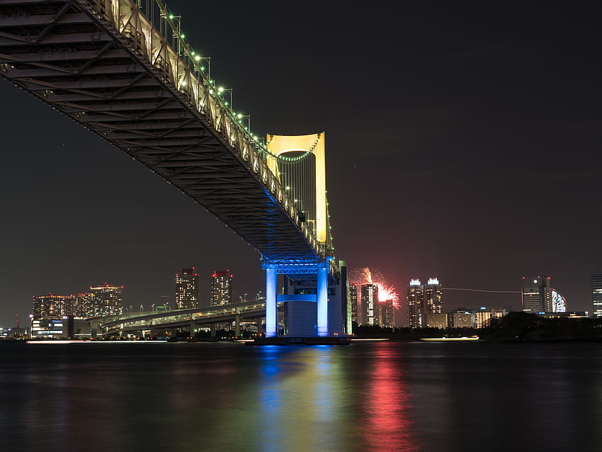Miasta, miasto nocą, most, Japonia, zatoka, Tokio Tapeta HD