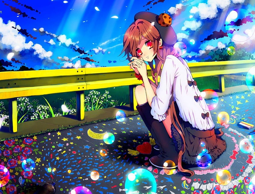 World Of Imagination, Red Eyes, Anime, Colorful, Cute, Sunshine, rugo, Girl, Sweet, Imagination, original, Bubbles, Long Hair, Brown Hair papel de parede HD
