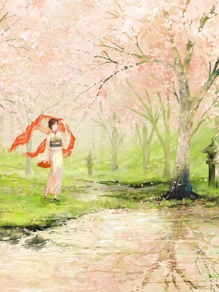 Kirschblüten-Geisha Japan iPad, japanisches Geisha-Aquarell HD-Handy-Hintergrundbild