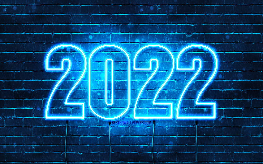 2022 青いネオン数字、明けましておめでとうございます 2022、青いブリックウォール、水平テキスト、2022 概念、ワイヤー、2022 年新年、2022 年青い背景、2022 年の数字 高画質の壁紙