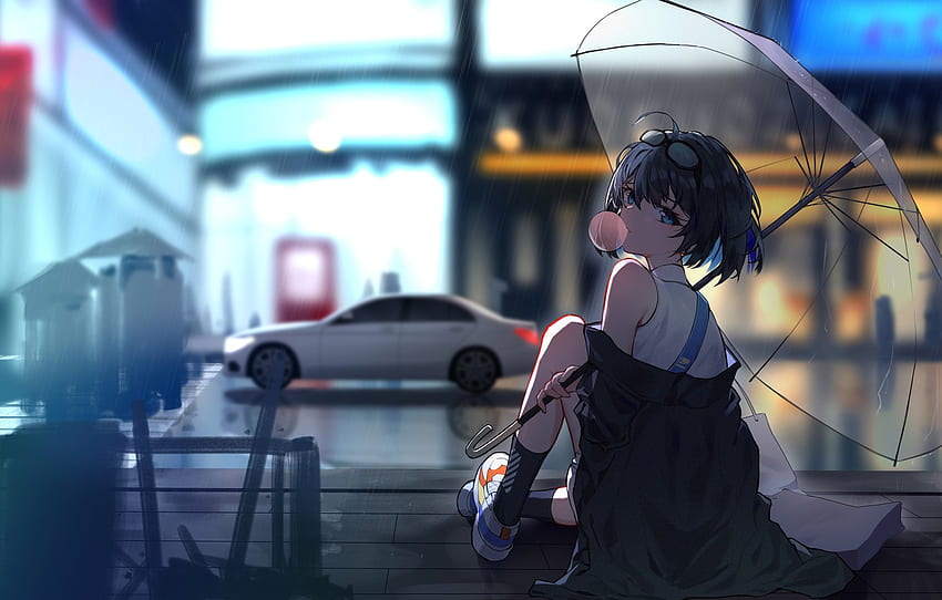 girl, the city, rain, street, Honkai Impact 3rd for , section сёнэн, Rainy Girl HD wallpaper