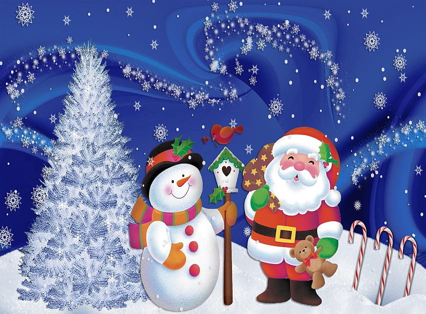 Jour fériés, Papá Noel, Flocon de neige, Bonhommes de neige, Nouvel An, Sapin de Noël, Carte postale Fond d'écran HD