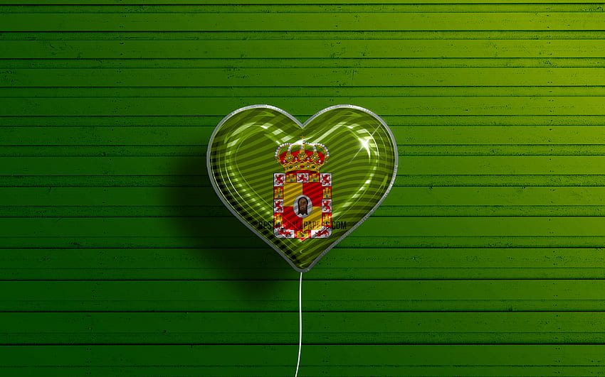 Saya Suka Jaen,, balon realistis, latar belakang kayu hijau, Hari Jaen, provinsi Spanyol, bendera Jaen, Spanyol, balon dengan bendera, Provinsi Spanyol, bendera Jaen, Jaen Wallpaper HD