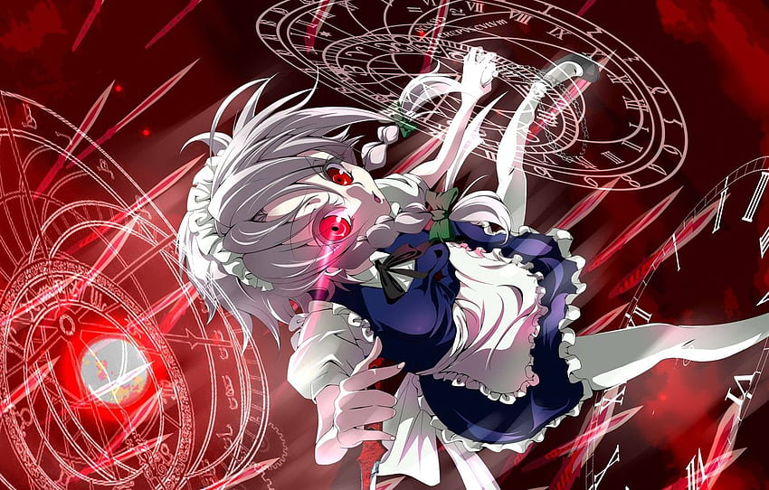 knives, red eyes, pentagram, madness, sharp objects, black magic, Sakuya Izayoi, project East, touhou project, by Kisaichi Jin for , section игры HD wallpaper