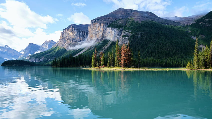 Spirit Island, Taman Nasional Jasper, Alberta, pegunungan, kanada, awan, pohon, lanskap, langit Wallpaper HD