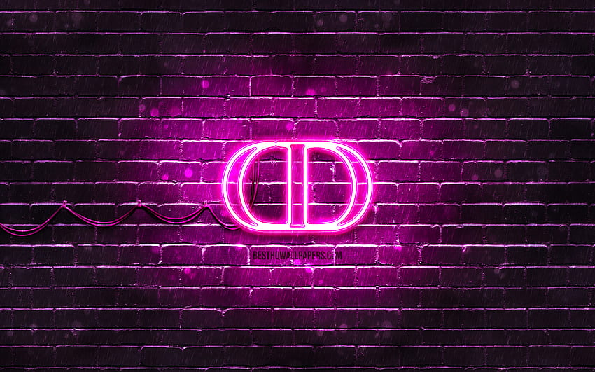 Christian Dior purple logo, , purple brickwall, Christian Dior logo, fashion brands, Christian Dior neon logo, Christian Dior HD wallpaper