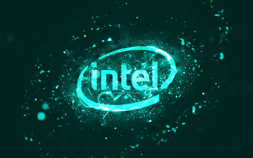 Intel turquoise logo, , turquoise neon lights, creative, turquoise abstract background, Intel logo, brands, Intel HD wallpaper