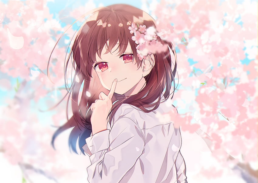 Красиво, аниме момиче, сладко, черешови цветя HD тапет