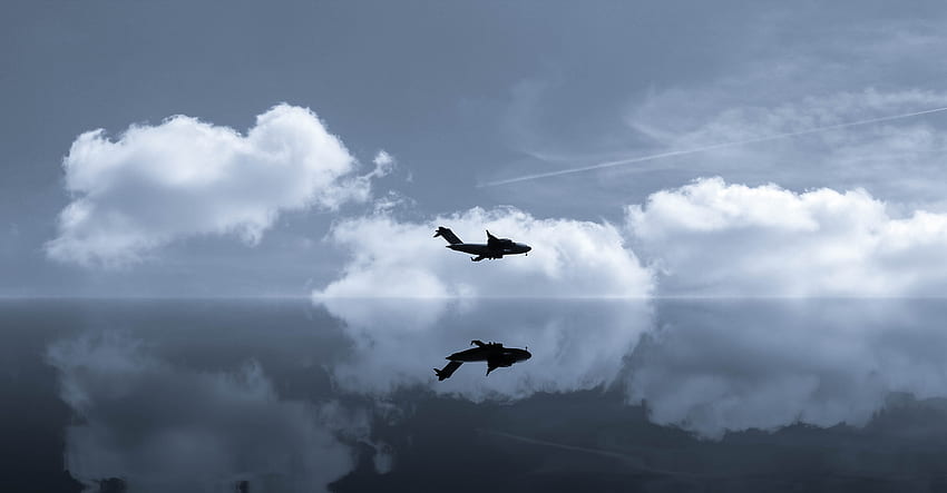 Reflexión, Avión, Cielo, Nubes, Miscelánea, Varios, Vuelo, Plano, Espejo, Espejados fondo de pantalla