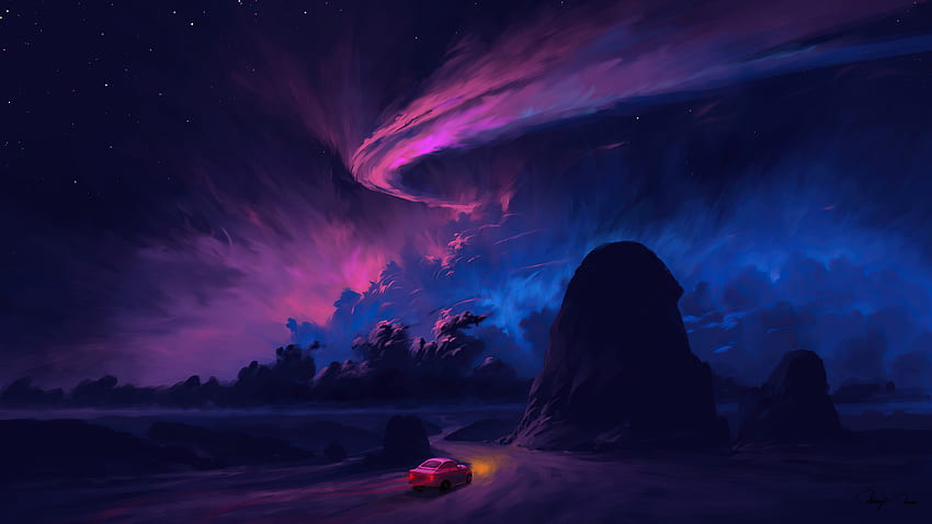 Camino a la aventura, fantasía, noche, cielo nublado, arte. fondo de pantalla