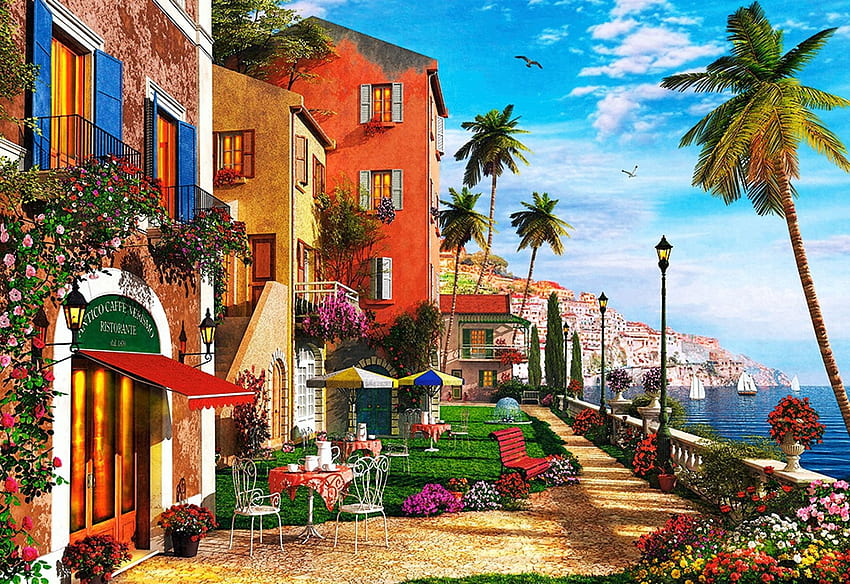 Śródziemnomorski taras, promenada, grafika, restauracja, morze, digtal, domy, palmy Tapeta HD