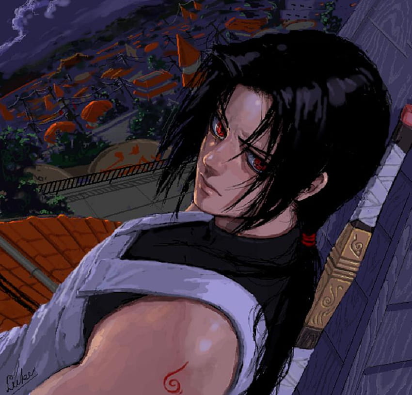 Uchiha Itachi, 옥상, 닌자, 빨간 눈, 긴 머리, 건물, itachi, 고독한, shinobi, 남성, 나루토 shippuden, 검, 무기, 흑발, 애니메이션, 나루토, itachi uchiha, katana, anbu HD 월페이퍼