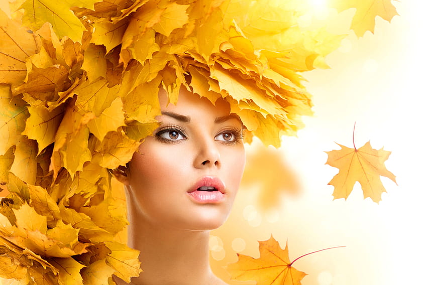 Beauty, model, yellow, face, autumn, leaf, girl, anna subbotina, woman HD wallpaper