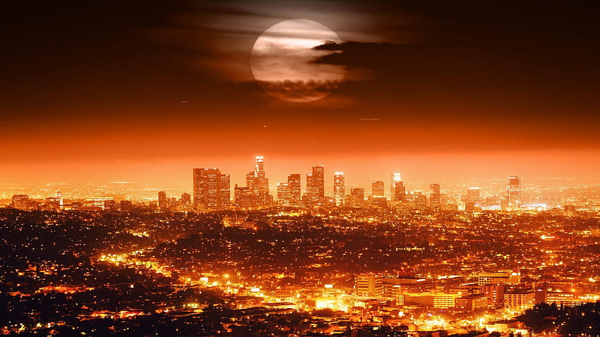 Full Moon In The Dark Sky Above Los Angeles ., Los Angeles City HD wallpaper
