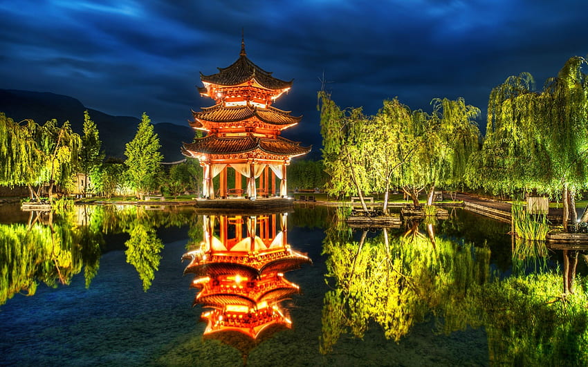 Japan, reflecting, building, lake, tree HD wallpaper