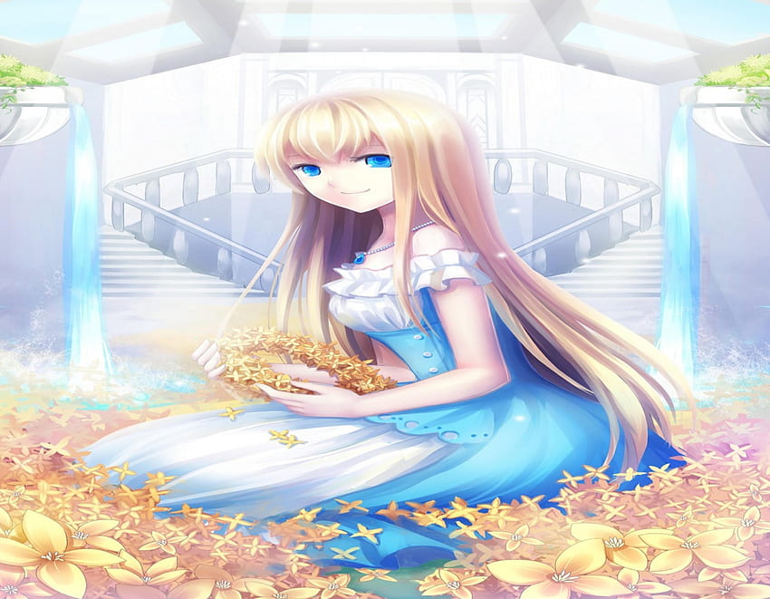 Golden Princess, orginal, flowers, girl, princess, long hair HD wallpaper
