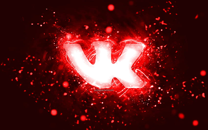 โลโก้ VKontakte สีแดง, ไฟนีออนสีแดง, ความคิดสร้างสรรค์, พื้นหลังนามธรรมสีแดง, โลโก้ VKontakte, เครือข่ายสังคม, VKontakte วอลล์เปเปอร์ HD