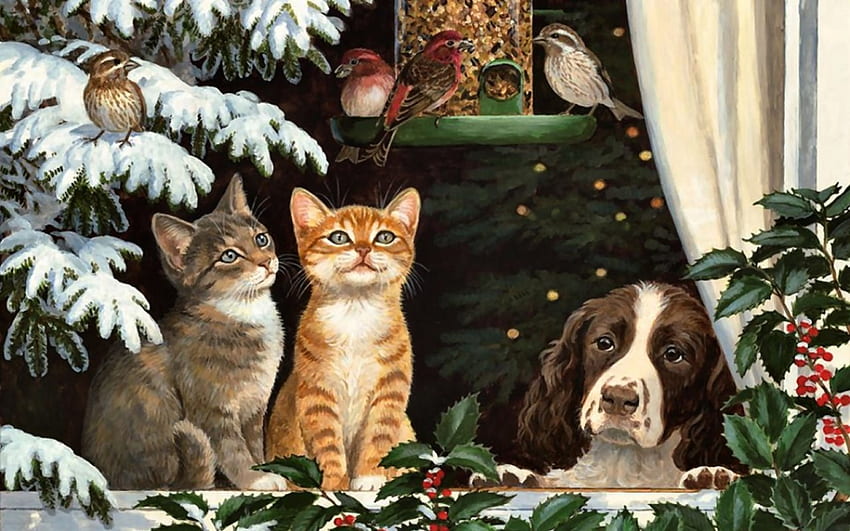 Friends at Christmas F1C, dog, animal, songbirds, birds, art, feline, cat, beautiful, avian, artwork, wide screen, painting, house finch, pet, canine HD wallpaper