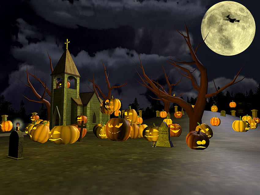 Fröhliche Halloween-Kürbisse, Kürbisse, Halloween, Hexe, Herbst HD-Hintergrundbild
