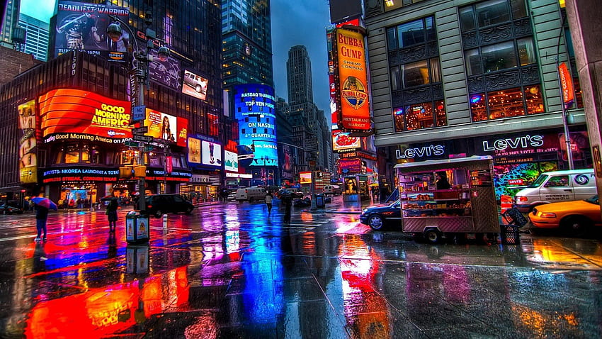 new york city time square rain colorful, New York City Lights HD wallpaper