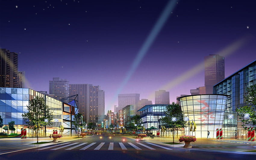 City At Night Background, Cartoon Skyline HD wallpaper