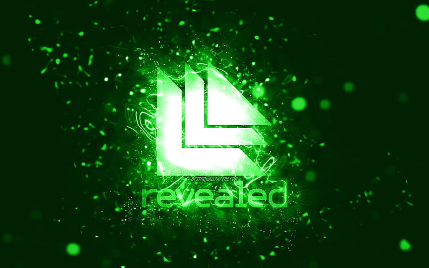 Зелено лого на Revealed Recordings, , зелени неонови светлини, творчески, зелен абстрактен фон, лого на Revealed Recordings, музикални лейбъли, Revealed Recordings HD тапет