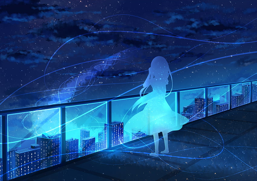 blue building city monochrome night original rooftop scenic silhouette stars yue yue Anime HD wallpaper