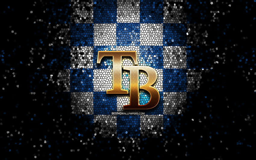 Tampa Bay Rays amblemi, parıltılı logo, HABERLER, mavi beyaz damalı arka plan, Amerikan beyzbol takımı, Major League Baseball, mozaik sanatı, beyzbol, Tampa Bay Rays HD duvar kağıdı