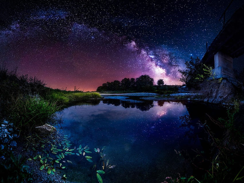 Beautiful night, pond, house, starry, sky, stars HD wallpaper